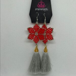 Paparazzi Red and Gray Floral Tassel Earrings